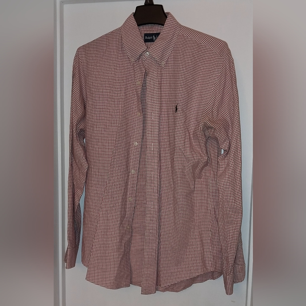 Ralph Lauren Mens Red & Brown Mini Checkered Long Sleeve Button Up Shirt Sz Med